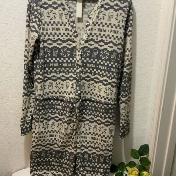 NWT Victoria's Secret PINK Thermal Sleep One Piece Pajama Black Fair Isle - Picture 5 of 13